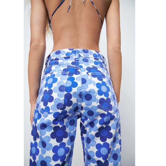 Zara Blue Floral Printed Straight Leg Jeans NWT - Picture 9 of 13